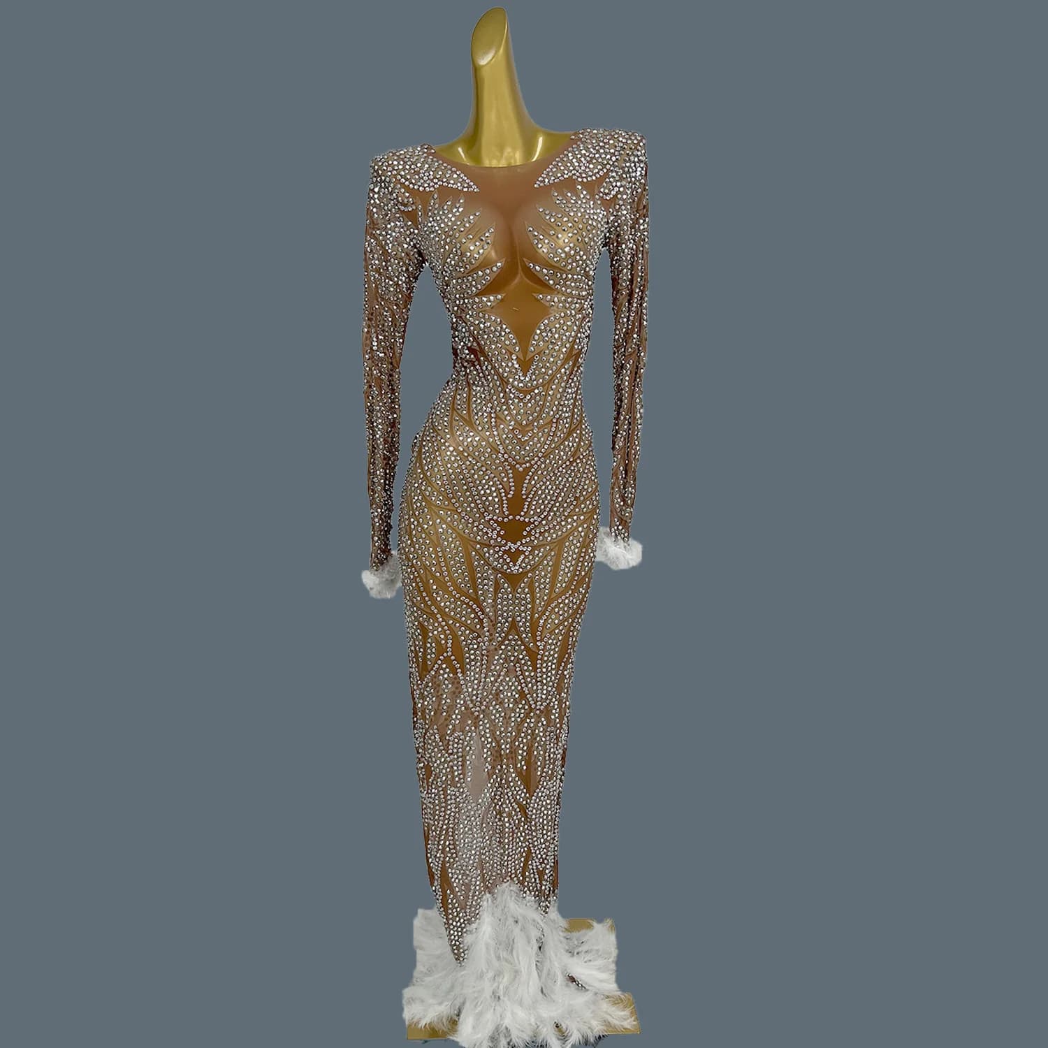 Cristalli scintillanti di fascia alta Piuma Abito lungo fino al pavimento Donna Abito da ballo di lusso Matrimonio Festa di compleanno Abito lungo sexy Chouxiaoya
