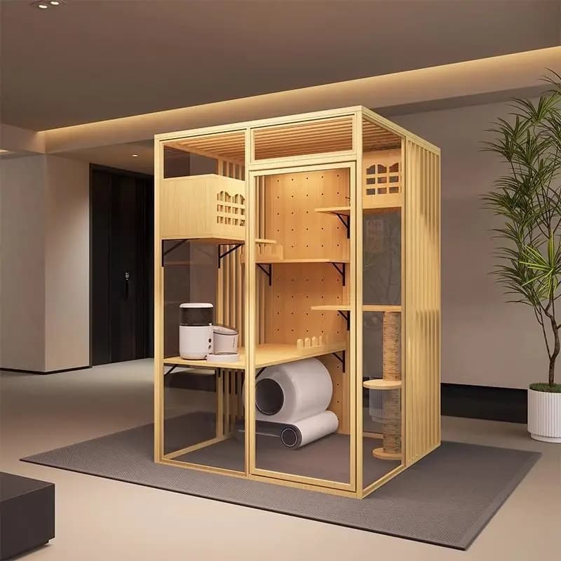 Villa panoramica per gatti, mobiletto da interno in legno massello di lusso, con lettiera automatica e vetro.