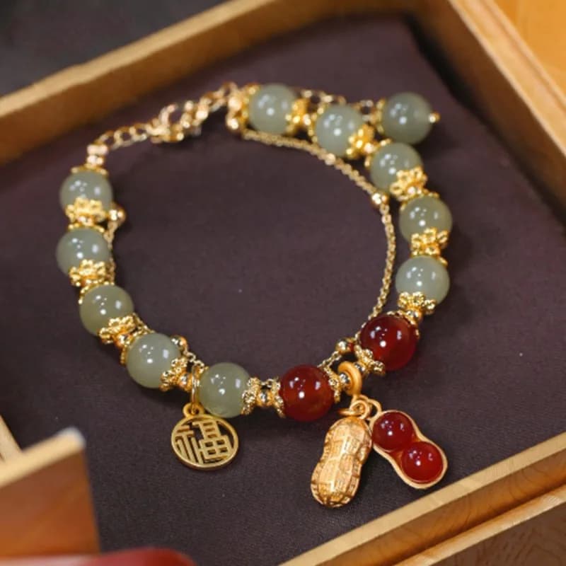 Bracciale in giada Hetian a forma di arachide, bracciale a doppio strato con perline, gioielli impilabili di lusso leggero per donna
