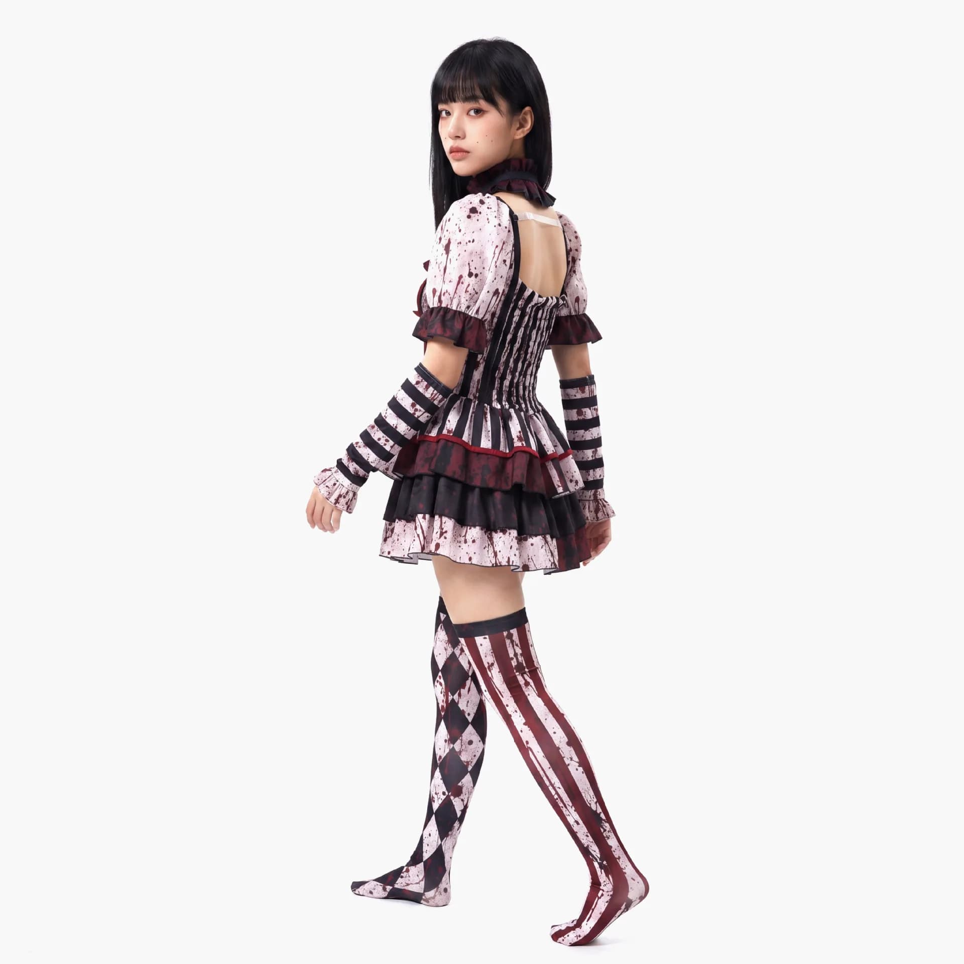 Bloody Horror Clown Cosplay Costume Women Gothic Harlequin Cosplay Dress With Gloves and Stockings Halloween Carnival Outfit
