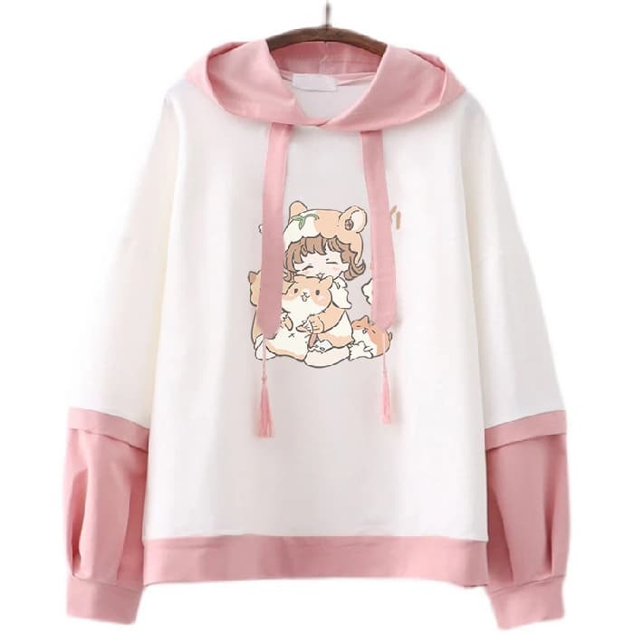 Sweet Preppy Style Long Sleeve Hoodie Women's Loose Fit Crew Neck Sweatshirt Printed Top for Spring Autumn Cute Student Look