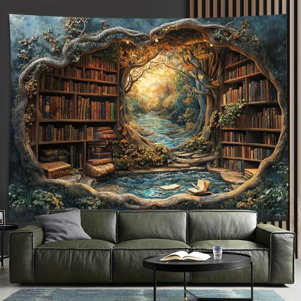 3D Magic Forest Bookshelf Tapestries Wall Hanging-Gorgeous Wall Art Tapestries for Living Room Office and Home Decor