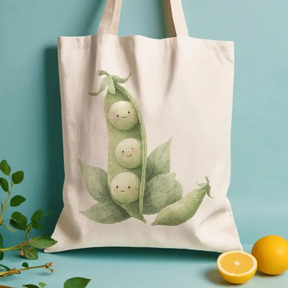 1pc of 2D Flat Printing Featuring an Adorable Pea Pod And Garden Tote Bag - a Reusable Grocery Bag Adorned with Green Beans And