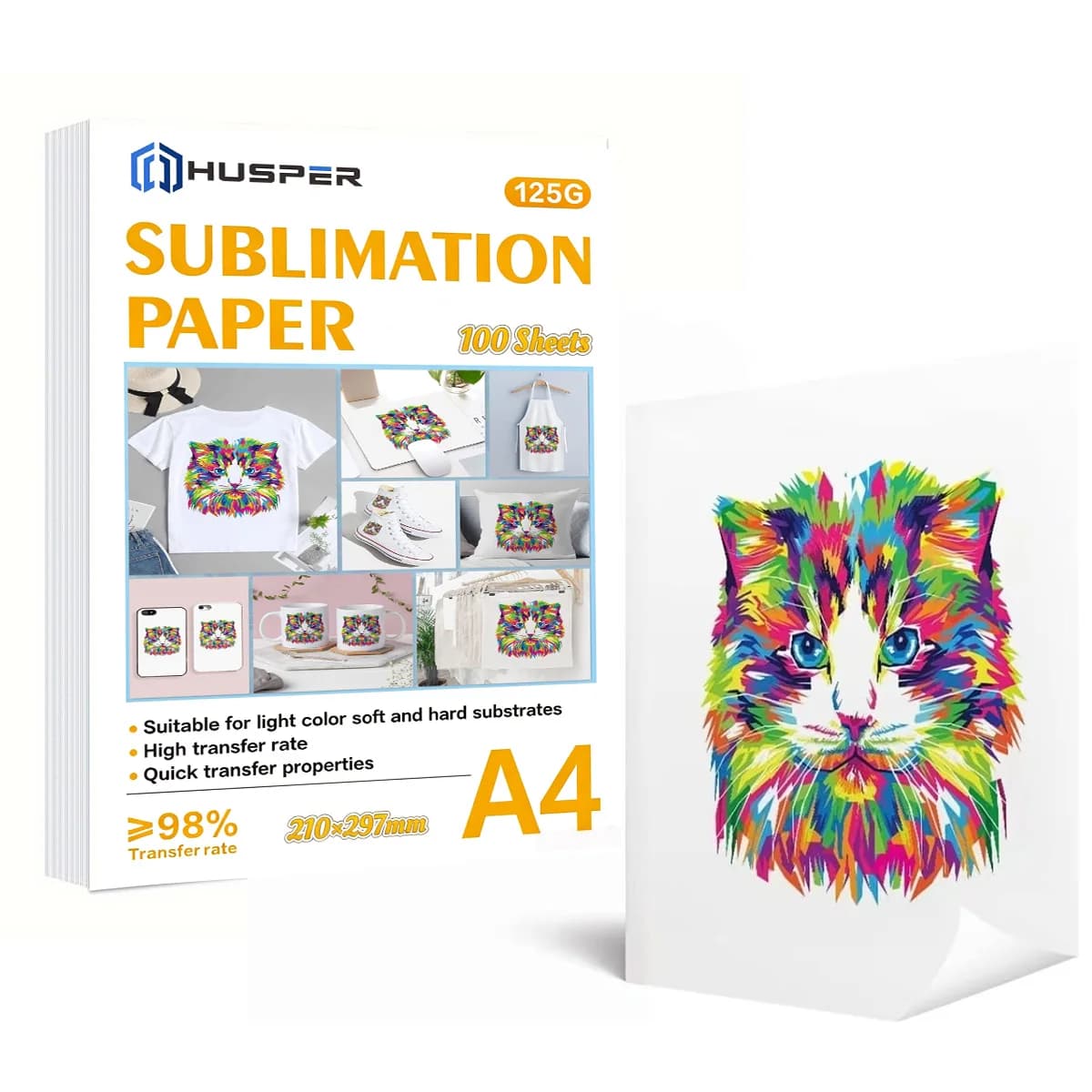 HUSPER 100 Fogli Carta per Sublimazione A4 125gsm - 21x29,7cm Carta Transfer Termico per Stampanti Inkjet, Magliette, Tazze e Tessuti Leggeri