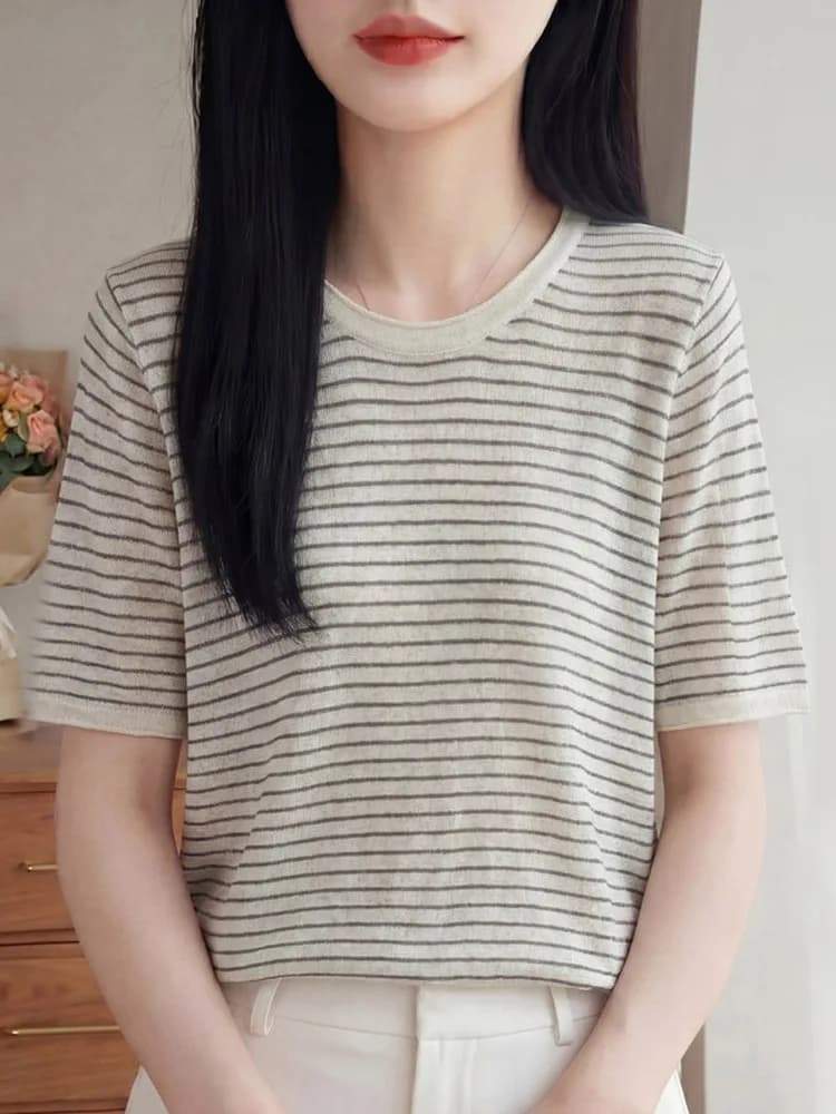 Summer New Style Women's Slim Fit Short Sleeve round Neck Knitted T-Shirt Breathable Versatile Thin Top for plus Size