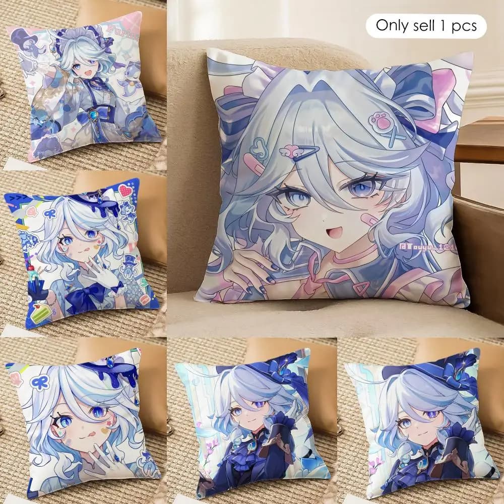 cute Furina Genshin Impact Cushion Cover Silky Short Plush Invisible Zipper Dustproof Sofa Pillow Case for Home Decor