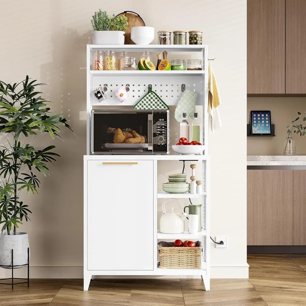 Mobile da Cucina con Cestino, Armadietto e Presa di Corrente, Supporto per Microonde da 63 Pollici con 6 Ganci, 6 Ripiani, Personalizzabile