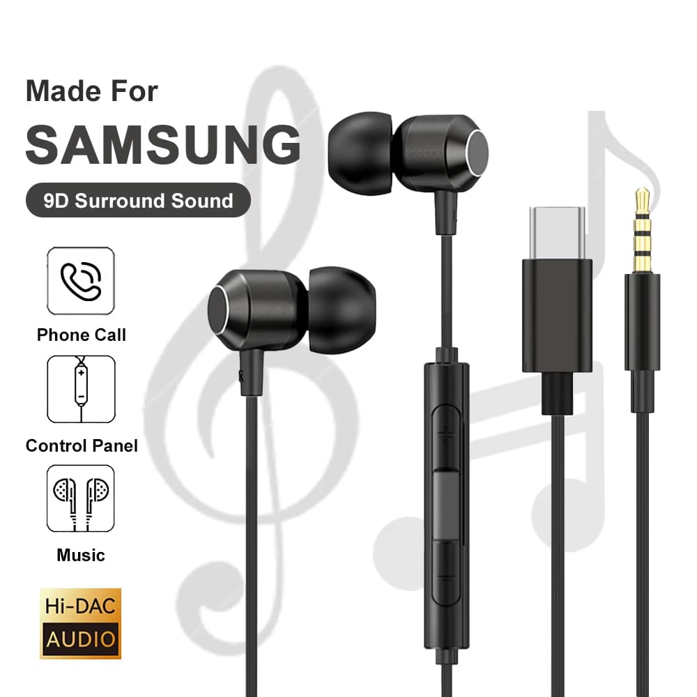 Cuffia cablata USB Tipo C HiFi Surround Sound Auricolare in-ear da 3,5 mm con tappi per le orecchie di controllo del filo per Samsung Galaxy S25 S24 Ultra