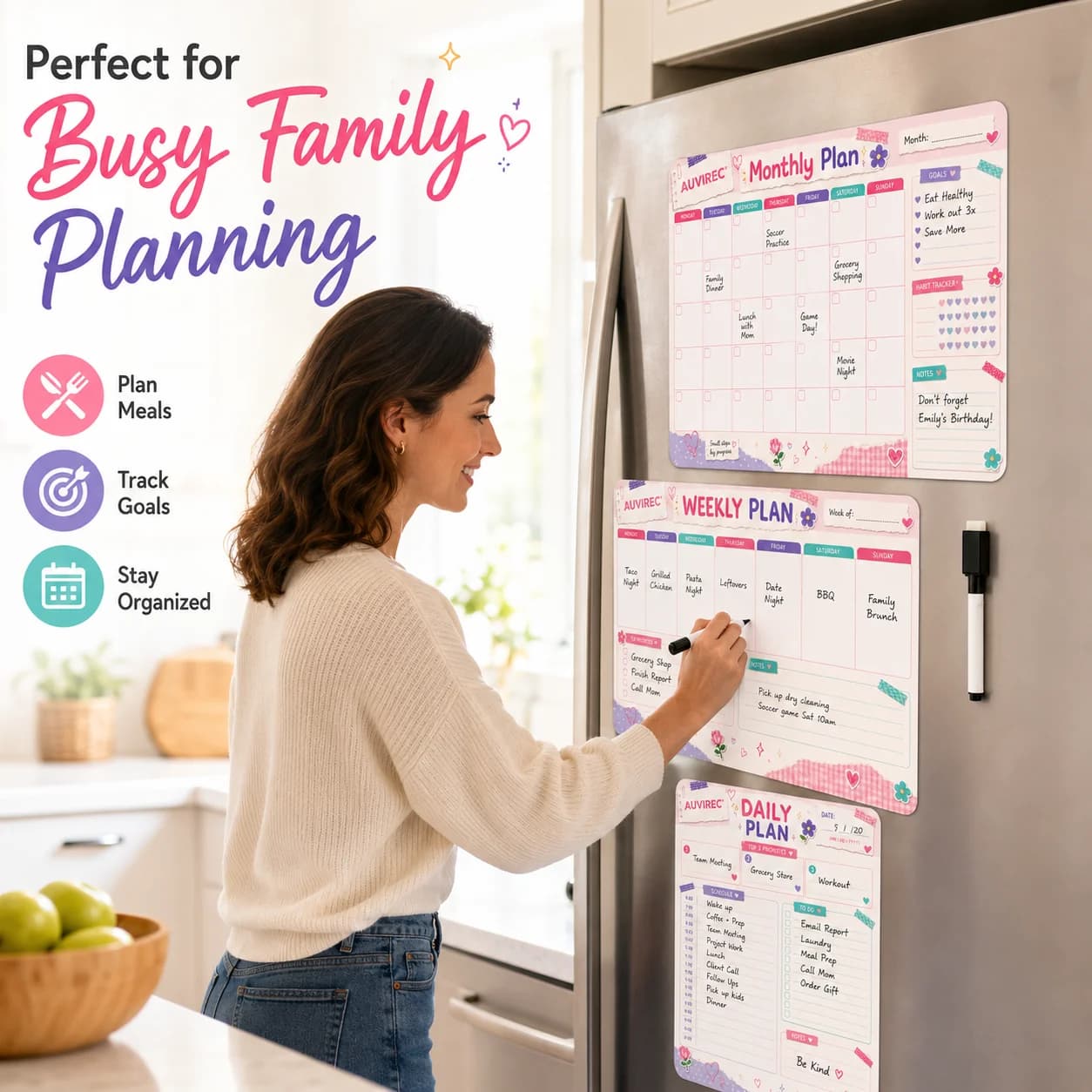 AUVIREC 3-Piece Pastel Scrapbook Style Stick-On Dry Erase Planner Set, PE Monthly Weekly Daily Boards with Marker