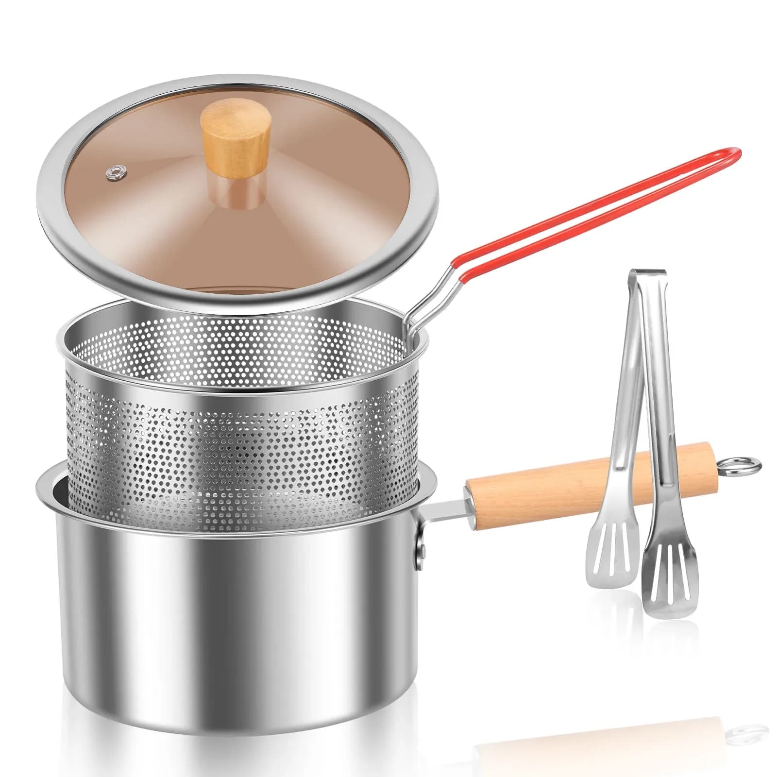 Friggitrice in Acciaio Inox con Cestello e Manico, Pentola Portatile con Coperchio, Friggitrice Salvaspazio per Cucinare