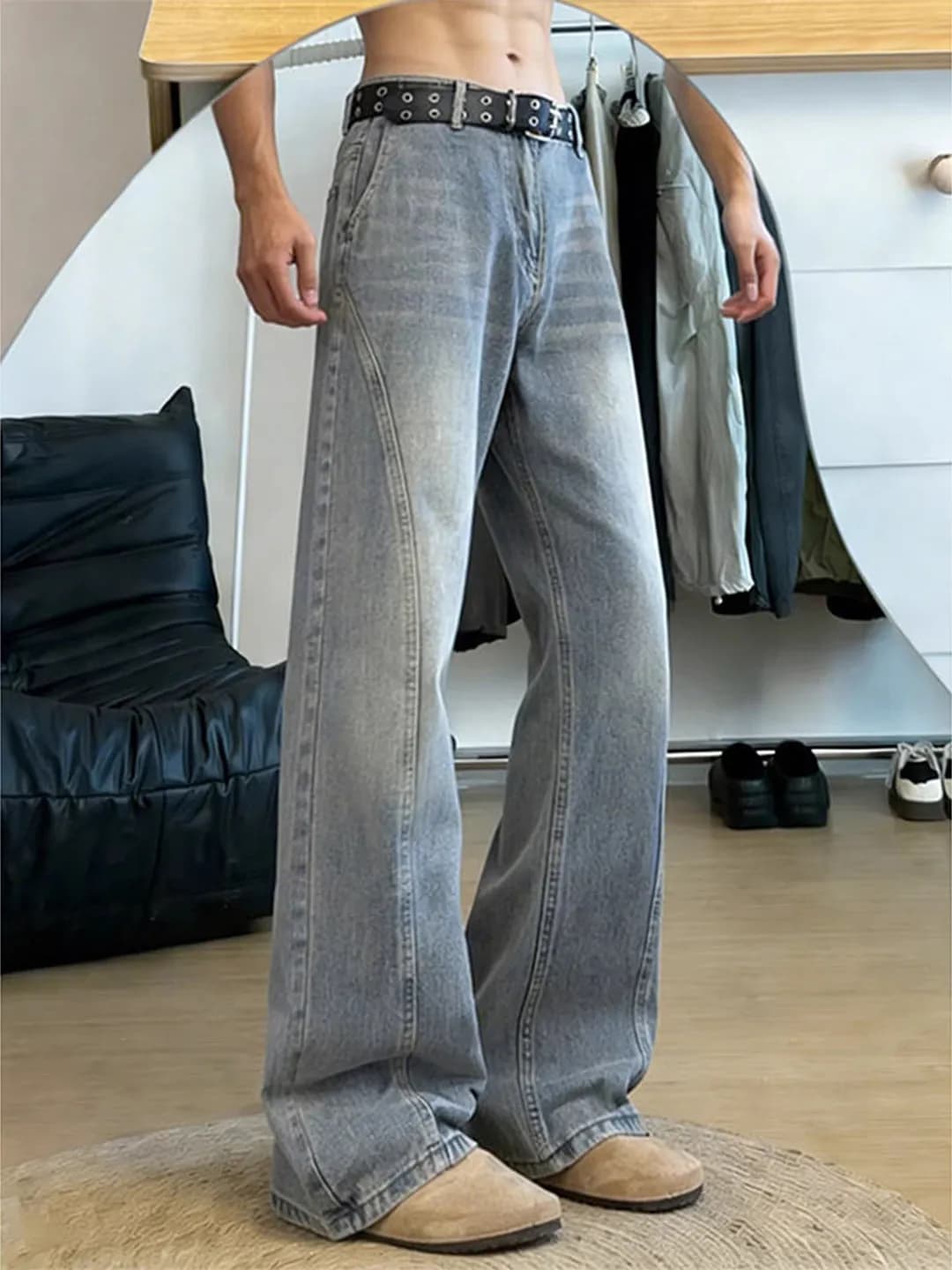 Blue Fleece Lined Flared Jeans Men's Winter High Waist Slim Straight Leg Trousers CleanFit Style Casual Wear Zipper Fly
