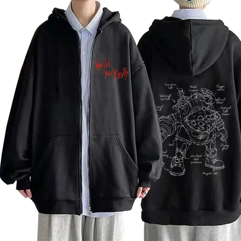 Felpa con Cappuccio e Zip Classica Ispirata al Videogioco Bioshock, Stile Vintage, Oversize, Unisex, Hip Hop, Rock Gotico