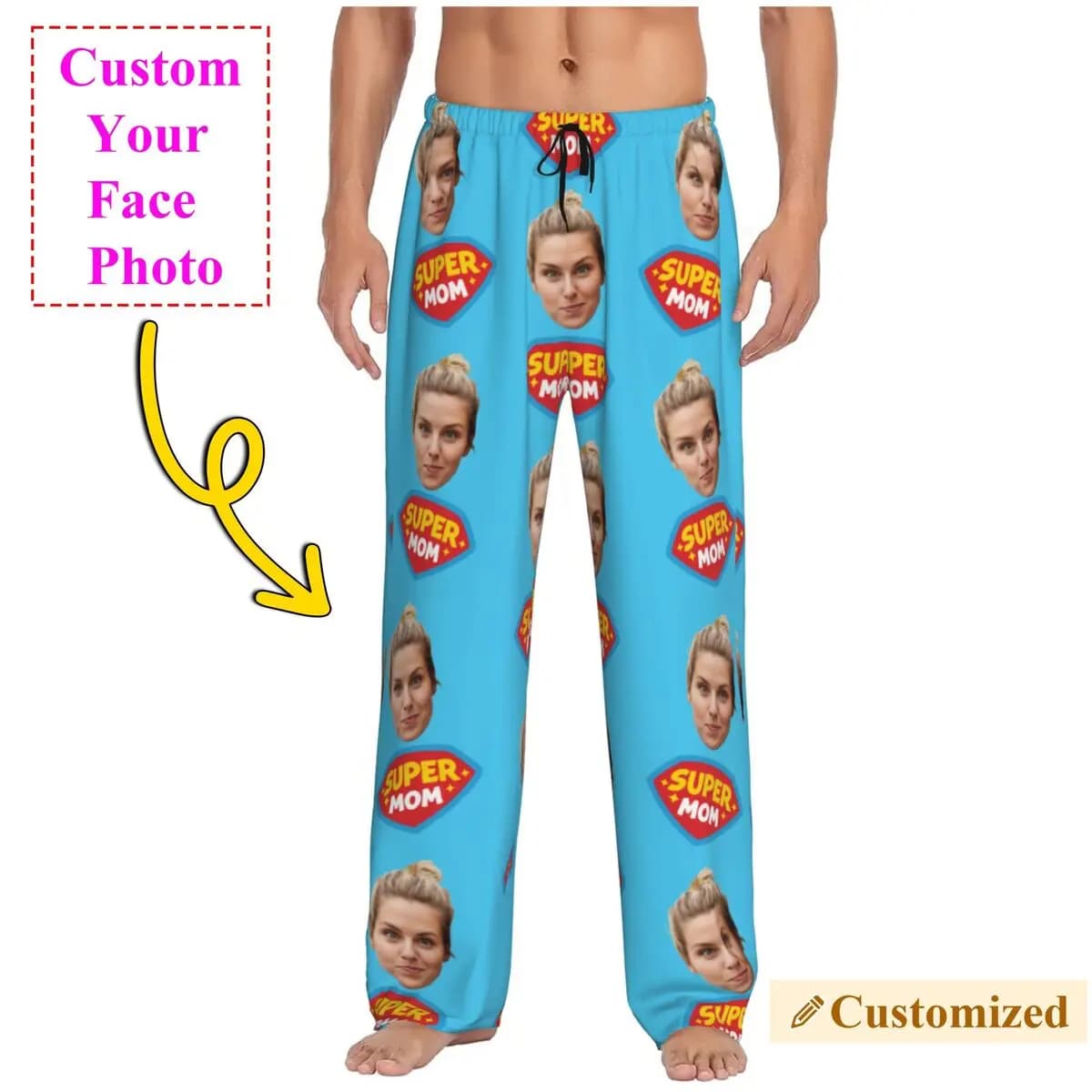 Pantaloni da pigiama personalizzati Super Mom per uomo Design personalizzato con foto sul viso Indumenti da notte Pantaloni da notte elasticizzati con tasche