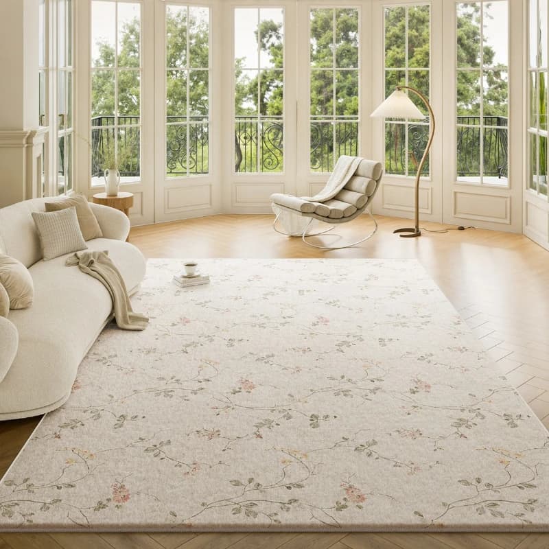 High Quality Simple Living Room Carpet with Floral Patterns, Large Plush Mat for Bedroom, French Style Cream, Sofa Mat and Coffee Table
