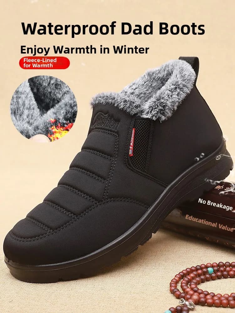 Old Beijing Men's Cotton Shoes Winter Fleece Warm Anti-slip Waterproof Breathable Dad Shoes Elderly Men's Boots Casual Style