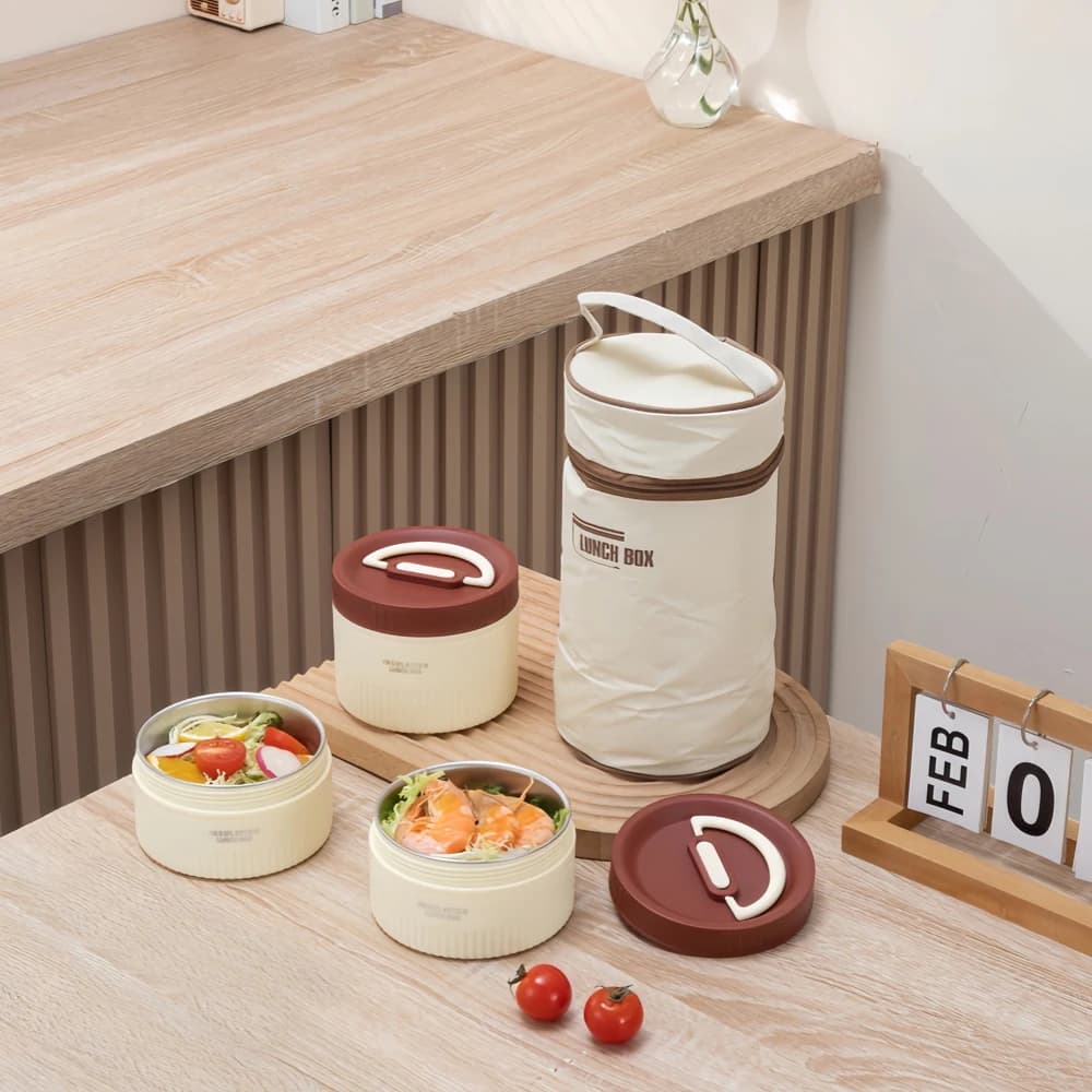 Set di 3 contenitori termici portatili per alimenti, in acciaio inox, a tenuta stagna, con borsa termica per il pranzo.