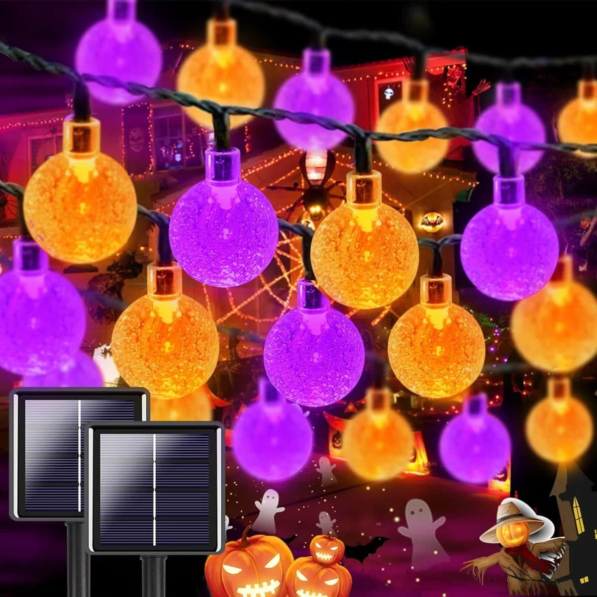 1pc 12m 100 LED Halloween Viola e Arancione Bubble Ball Luci a stringa solare con 8 modalità per la casa Giardino Balcone Decorazioni di Halloween