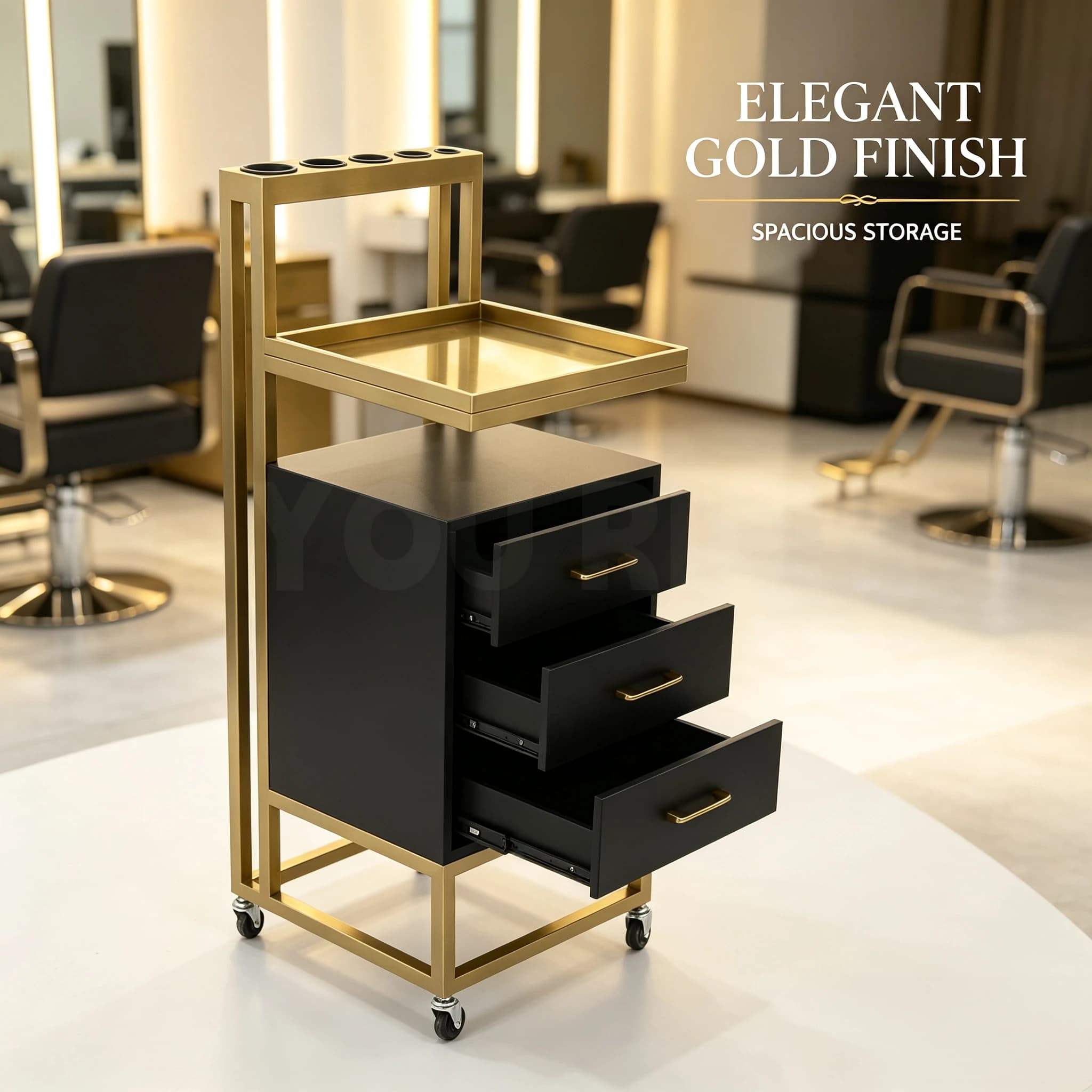 Gold Black Salon Trolley Cart With Drawers 360° Wheels & Gold Handles Hairdressing Trolley Cart With 360° Wheels & Gold Handles