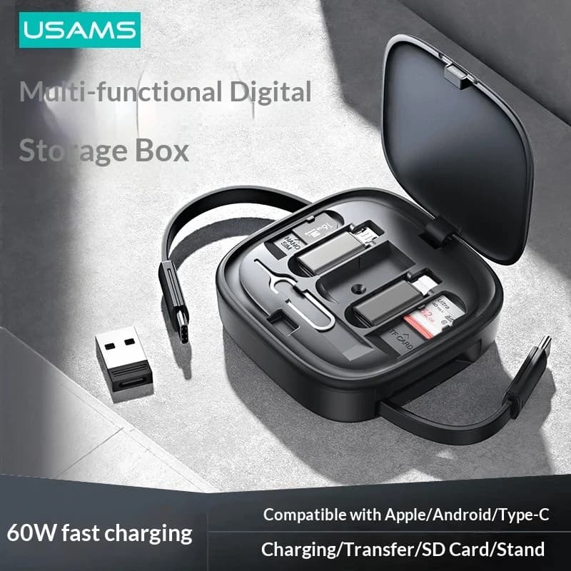 Cavo dati multifunzione USAMS 60W con ricarica rapida USB a Type-C e Lightning, custodia per schede di memoria, supporto per telefono, ideale per i viaggi