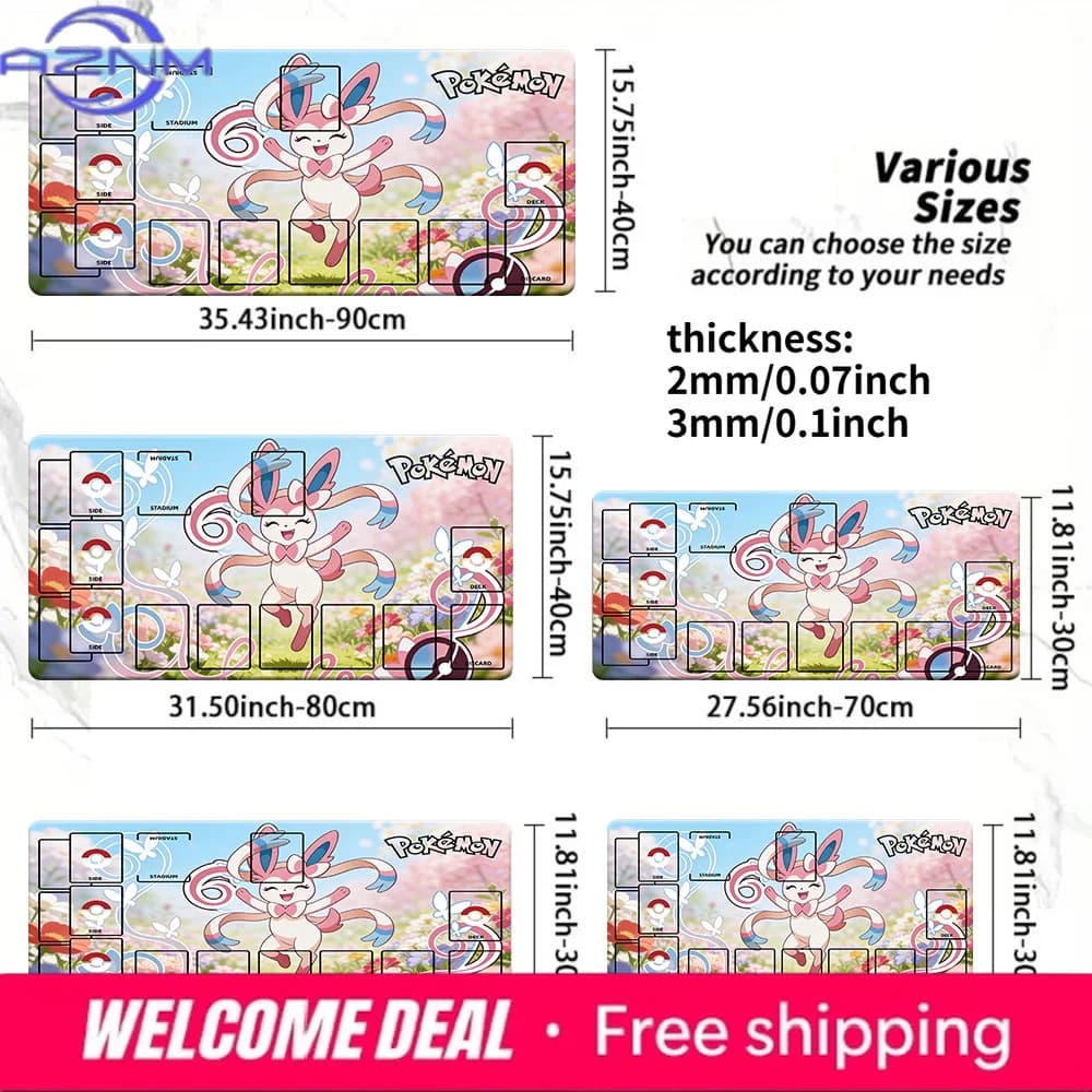 Tappetino da gioco Pokemon Sylveon Sakura Garden TCG, tappetino per gioco di carte collezionabili anime con zone, tappetino per mouse antiscivolo spesso 2mm/3mm per CCG MTG