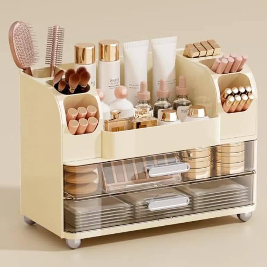 Organizer for Cheats by Toeletta with 2 Large Drawers, Cosmetic Display with Brush Door, Easy to Organize for Bathroom Plan
