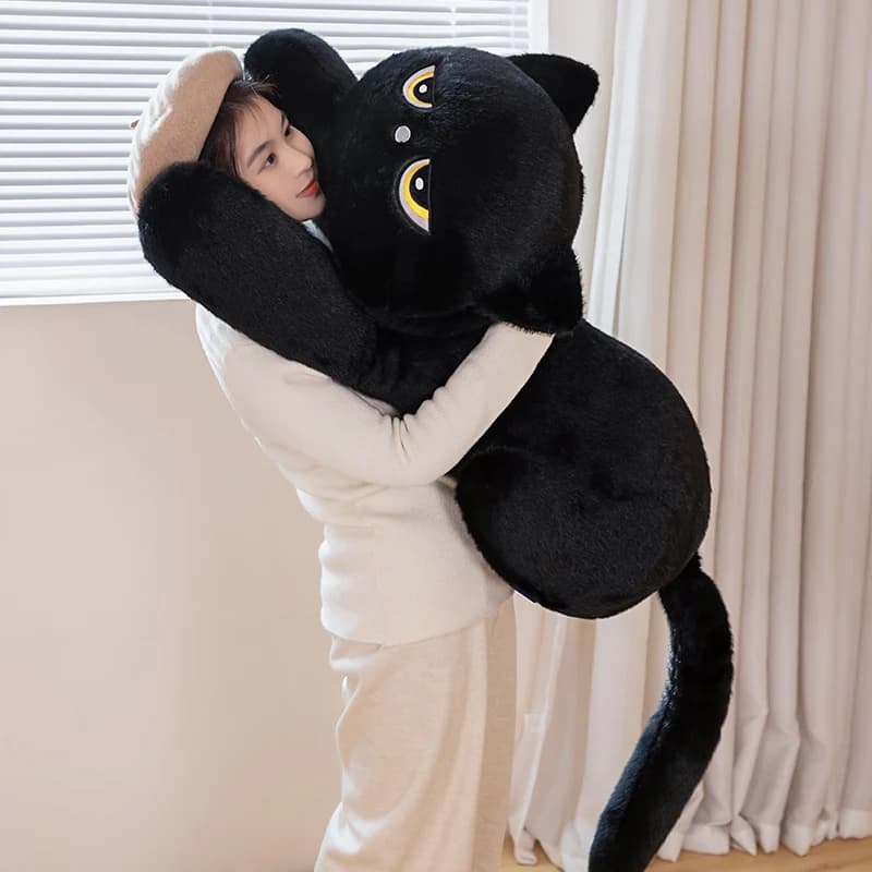 60-120 cm gatto nero peluche cuscino morbido farcito sdraiato gatto cuscino carino gatto addormentato design bella idea regalo di compleanno per gli amanti dei gatti