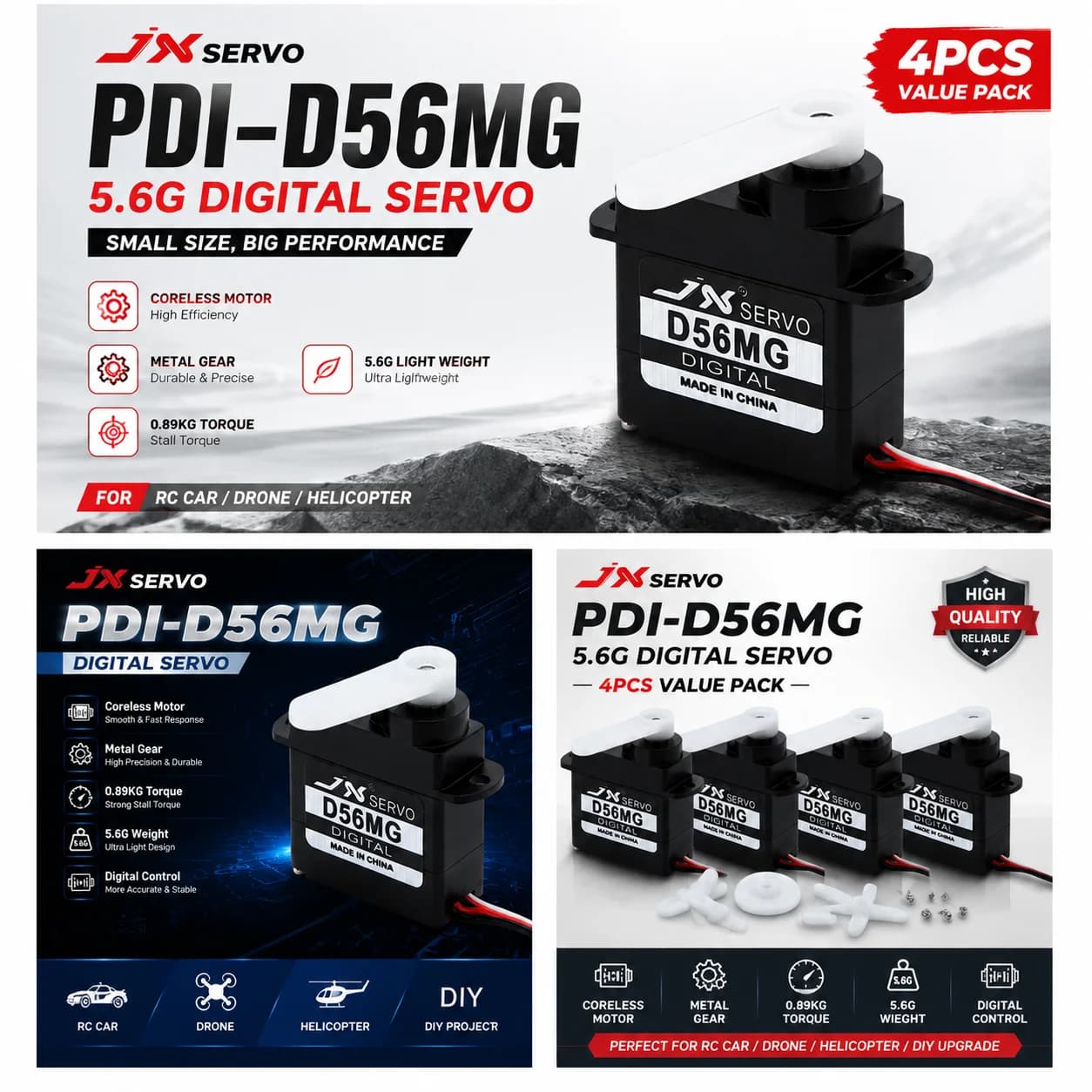 JX 4PCS PDI-D56MG 0.89KG Servo Motor Coreless Digital Servo Metal Gear 5.6g Weight For RC Car Drone Helicopter DIY Upgrade Parts
