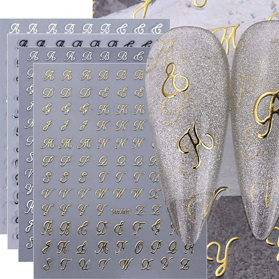 4 pezzi adesivi per unghie con lettere romane oro argento nero bianco design dell'alfabeto decalcomania autoadesiva parole inglesi decorazioni per manicure fai da te