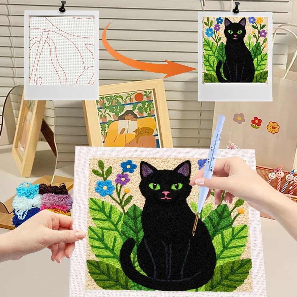 Gatti Neri Ricamo Punch Needle Decorazioni per la Casa Forniture Artistiche Animali 25x25cm/9.84x9.84inch Forniture Punto Croce Regalo Unico Opera d'Arte