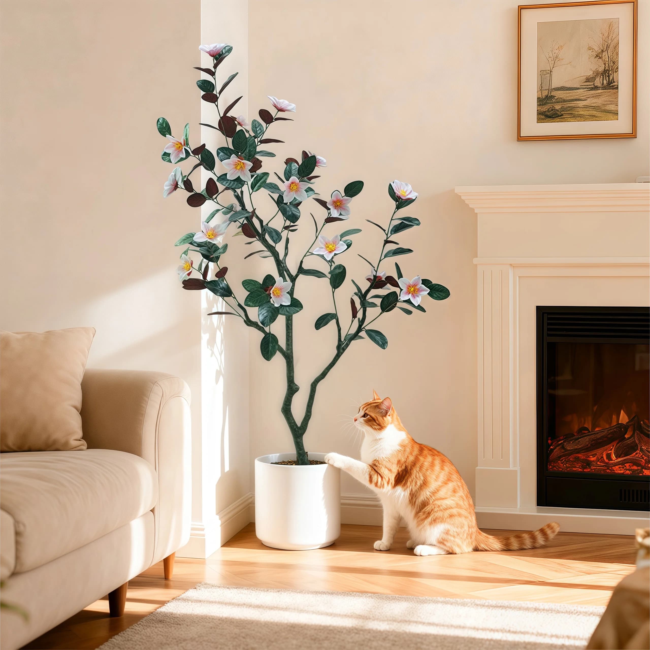 Artificial magnolia tree, realistic fake pot plants with flowers and flower leaves for wedding hotel for office parties in the garden