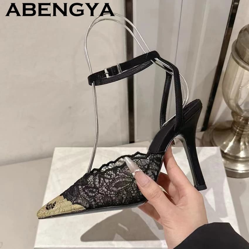 2026 Summer Black Lace High Heels Sandals Women Fashion Gold Pointed Toe Ankle Buckle Stilettos Sexy Party Wedding Brides Shoes