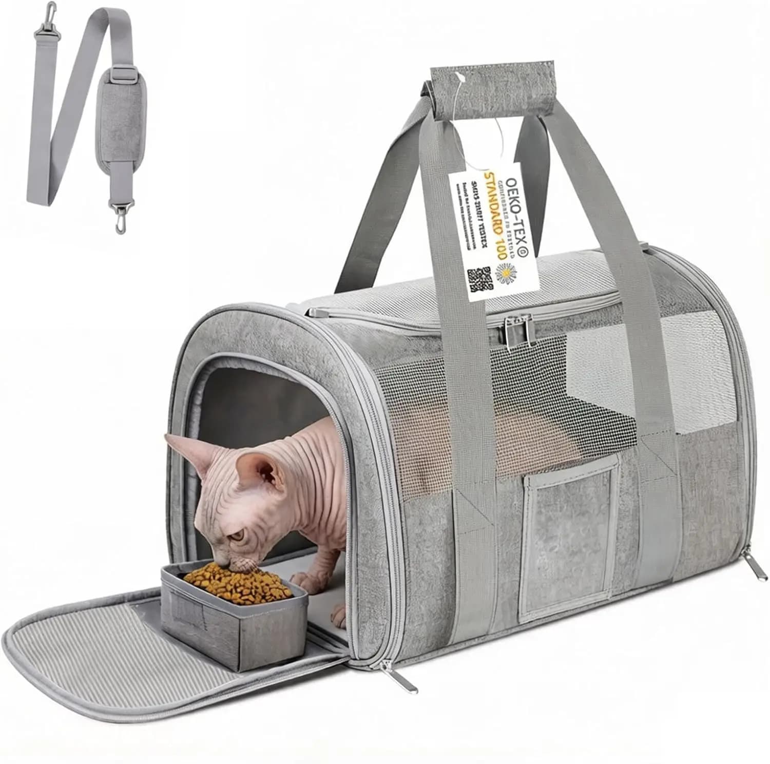 Trasportino Pieghevole Morbido Approvato TSA per Gatti e Cani Sotto i 7 kg, Adatto per Viaggi Aerei, Grigio
