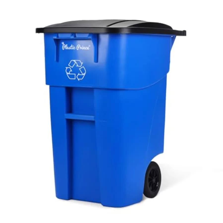 Bidone per Riciclaggio da Esterno da 50 Galloni con Coperchio, Contenitore per Rifiuti Resistente per Uso Commerciale, Blu con Ruote
