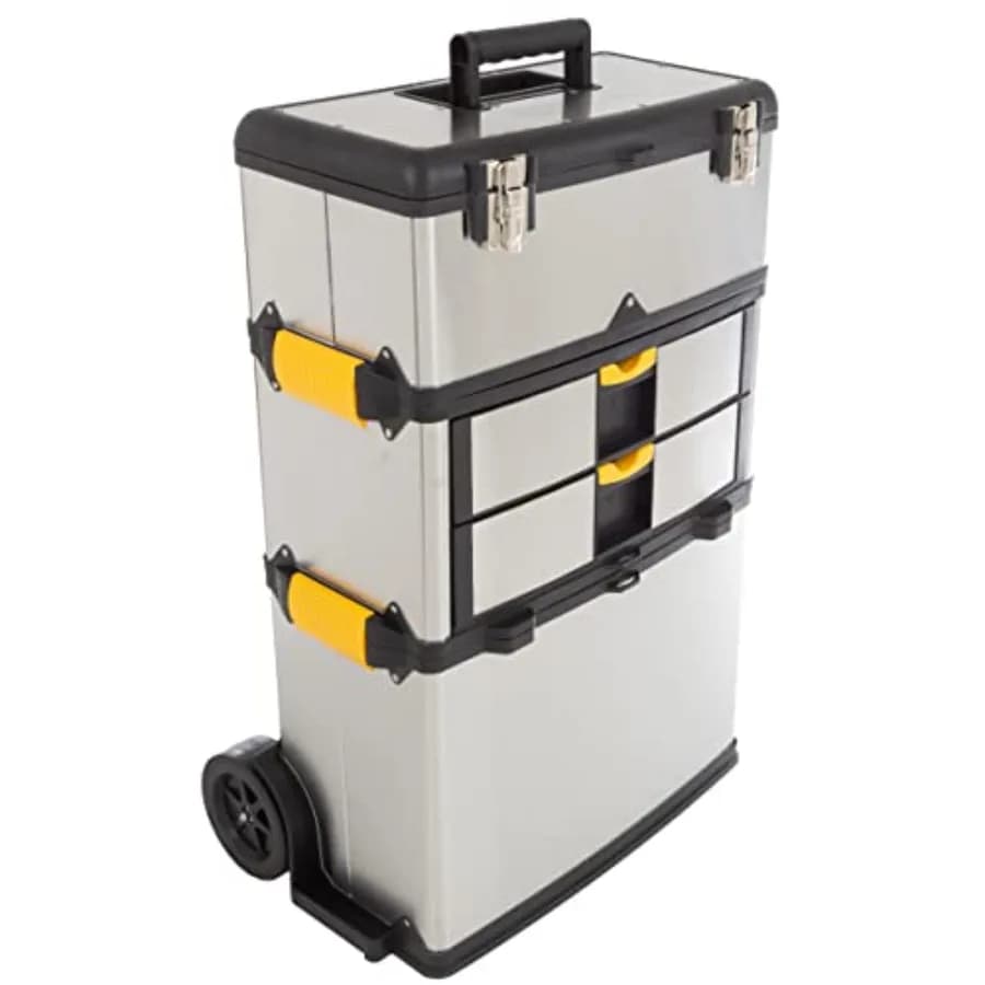 Cassetta degli Attrezzi Portatile in 3 Parti - Organizzatore con Cassetti in Acciaio Inox, Ruote, Manico Estensibile e Chiusure Robuste - Cassetta degli Attrezzi con Ruote