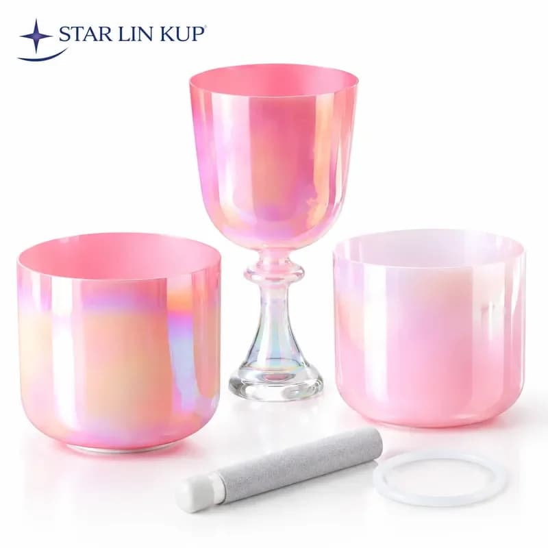 STAR LIN KUP 3PCS Pink Crystal Singing Bowls Set 6 and 7 Inch Quartz Sound Healing Instrument with Mallet for Meditation Yoga