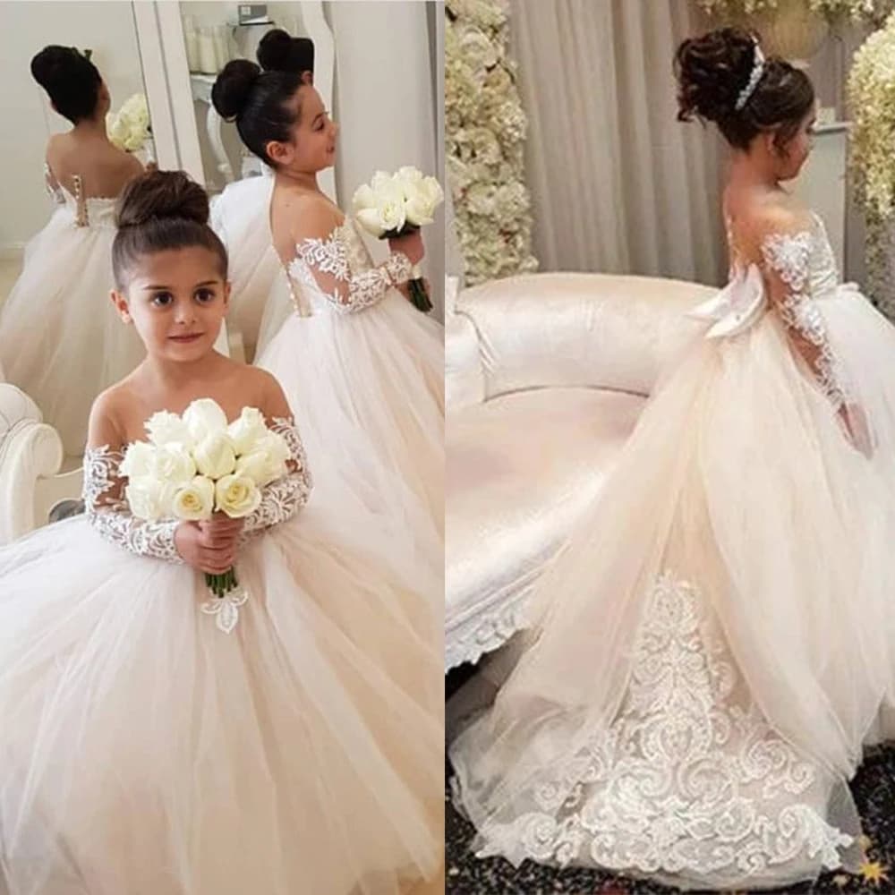 BABYONLINE Flower Girl abiti per matrimoni manica lunga in pizzo Tulle con fiocco sul retro abito elegante per bambini vestidos para nias