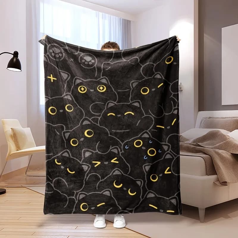1pcJIT black five section cute black cat pattern printed blanket machine washable anti fouling needle woven flannel blanket