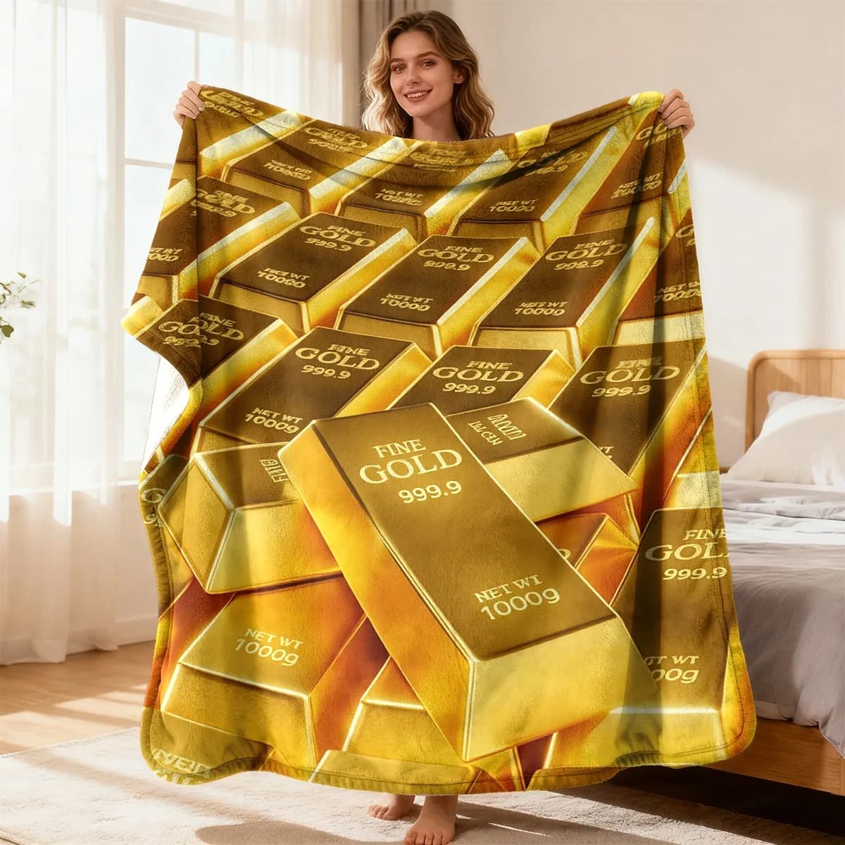 Coperta in Flanella con Motivo a Lingotti d'Oro di Lusso, Coperta Morbida Pressata a Ultrasuoni per Soggiorno e Natale