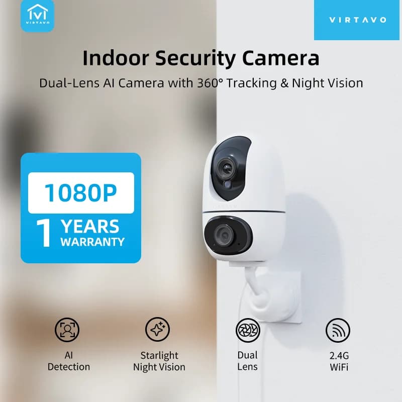 Virtavo EggSentry Telecamera di sicurezza per interni, 360 ° Smart Cam PTZ per il monitoraggio di neonati e animali domestici, rilevamento del movimento a doppia lente, conversazione bidirezionale