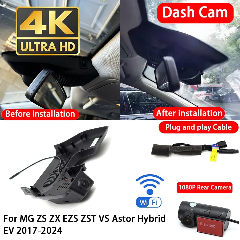 for MG ZS ZX EZS ZST VS Astor Hybrid EV 2017-2024 4K 2160P Dash Cam Front Rear Car Camera DVR Wifi Plug & Play Video Recorder