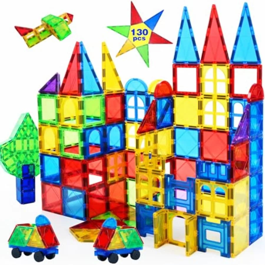 MAGBLOCK Piastrelle Magnetiche 130 Pezzi, Blocchi da Costruzione per Bambini 4-8 Anni, Giocattoli Educativi STEM con Magneti Potenti Multicolore per Ragazzi