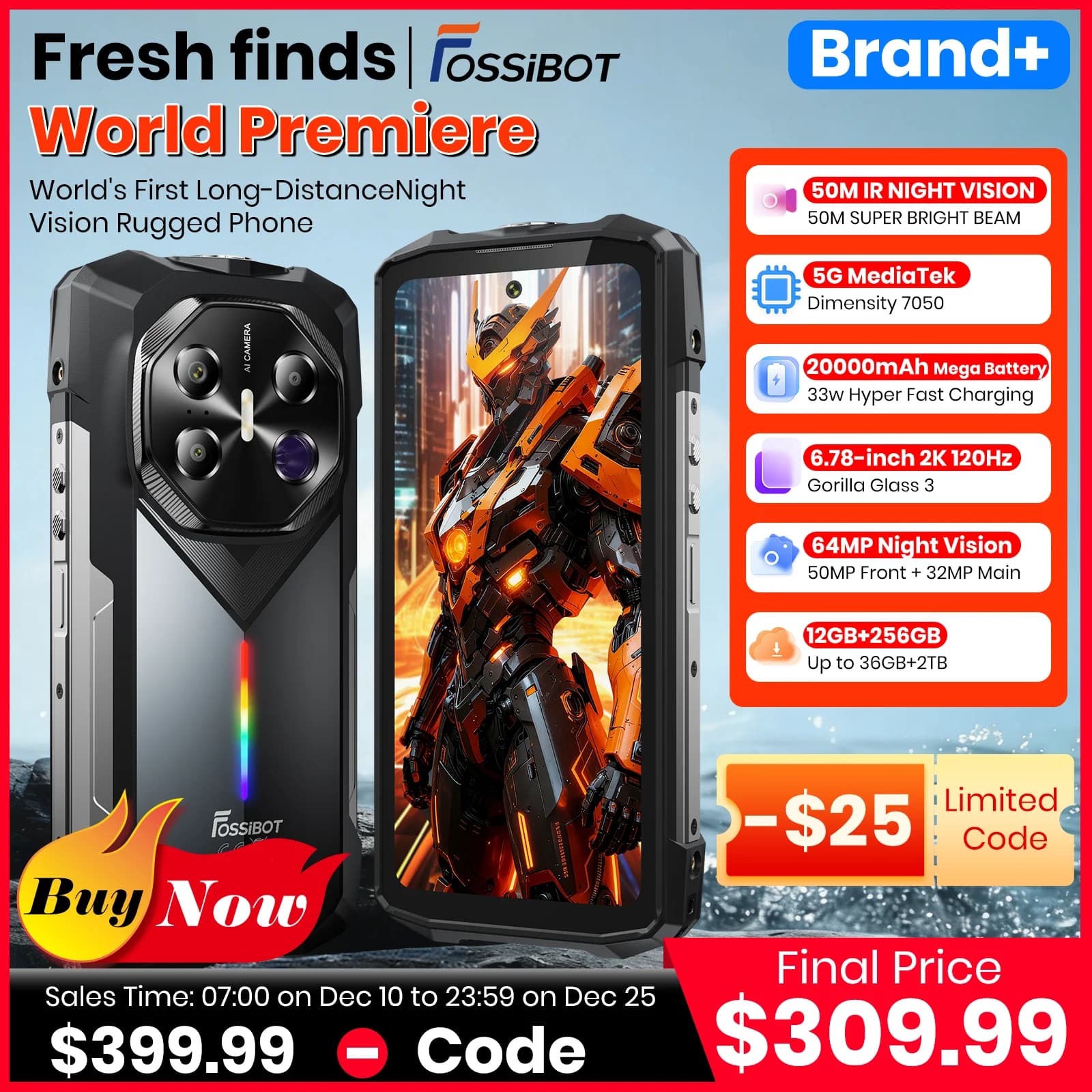 FOSSiBOT F113 Smartphone robusto sbloccato, 36 GB+256 GB, 20000 mAh 33 W, Android, telecamera da 108 MP, impermeabile, NFC, luce da campeggio