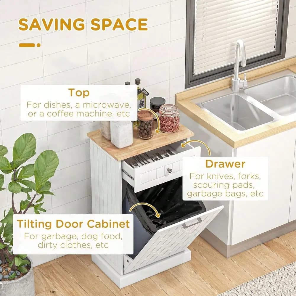 Mobiletto ribaltabile per rifiuti da un gallone, contenitore per rifiuti in legno a scomparsa con cassetto portaoggetti per cucina, mobiletto portabiancheria per bagno, bianco