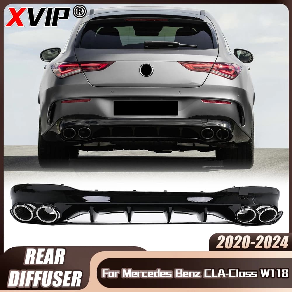 XVIP black gloss rear bumper diffuser for Mercedes Benz class CLA W118 C118 CLA45 AMG 2020-2024 silver discharge tube style CLA35