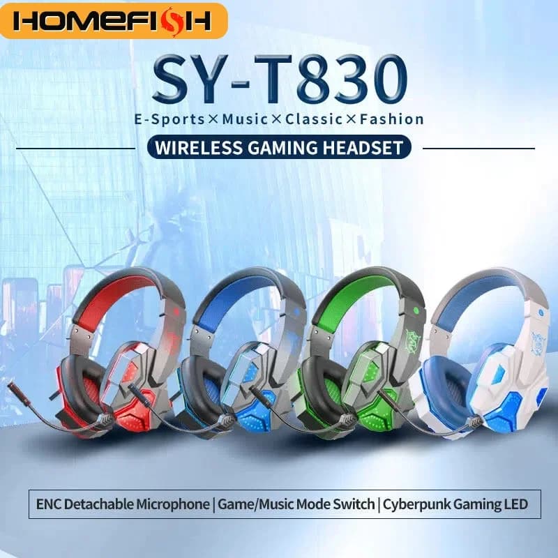 HOMEFISH SY-T830 Wireless gaming headphones with low latency of 45 ms, 10 hours of autonomy, removable microphone ENC, LED light for PC, PS5, Switch, phone, etc.