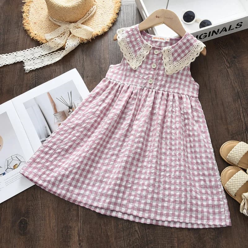 Abito estivo da bambina con colletto a bambola, nuovo vestito scozzese per bambini in stile coreano dolce per l'estate