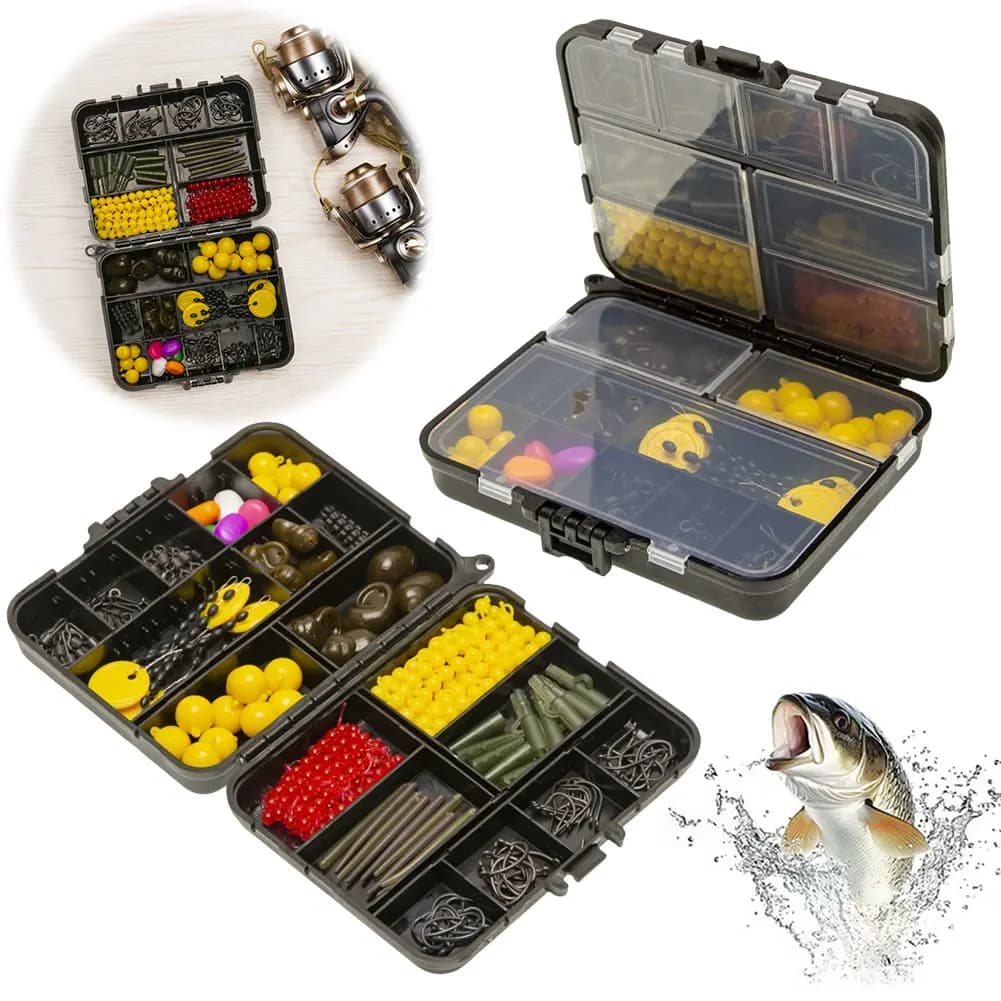 Kit da Pesca alla Carpa da 145 Pezzi con Piombi, Scatola da Pesca Bifacciale, Ami, Girelle, Clip di Sicurezza e Guaina in Gomma