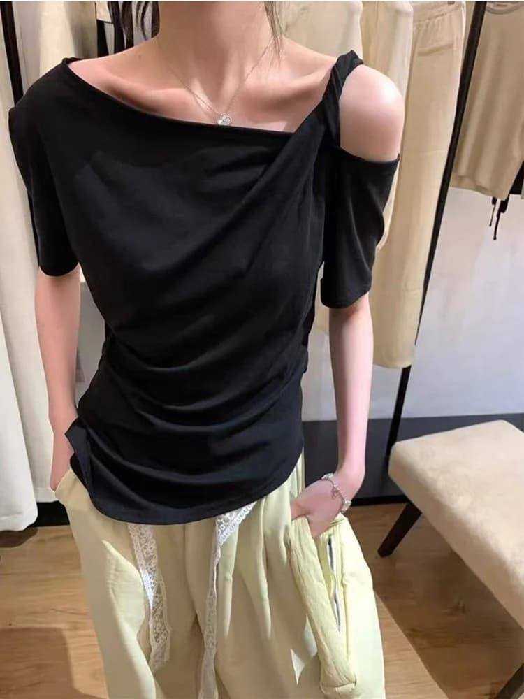 T-shirt casual a maniche corte con spalle scoperte, design asimmetrico snellente, nuovo stile estivo da donna, pullover traspirante.
