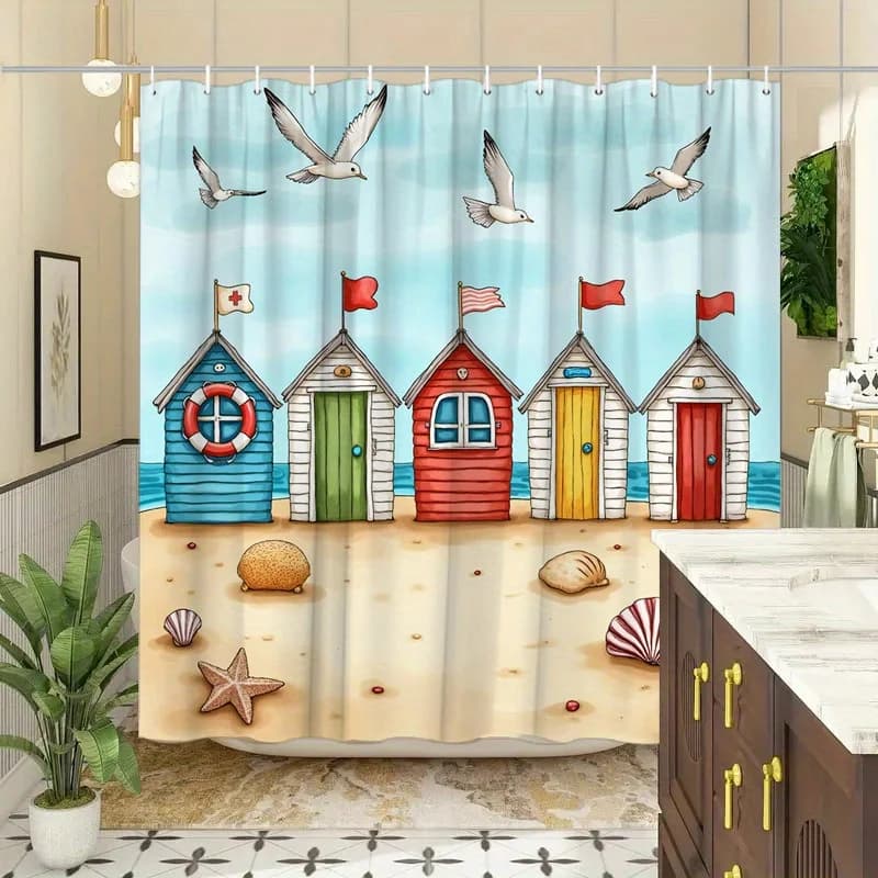 Tenda da doccia con scena sul mare: capanne da spiaggia e tema nautico, atmosfera costiera allegra, poliestere, decorazione da spiaggia colorata