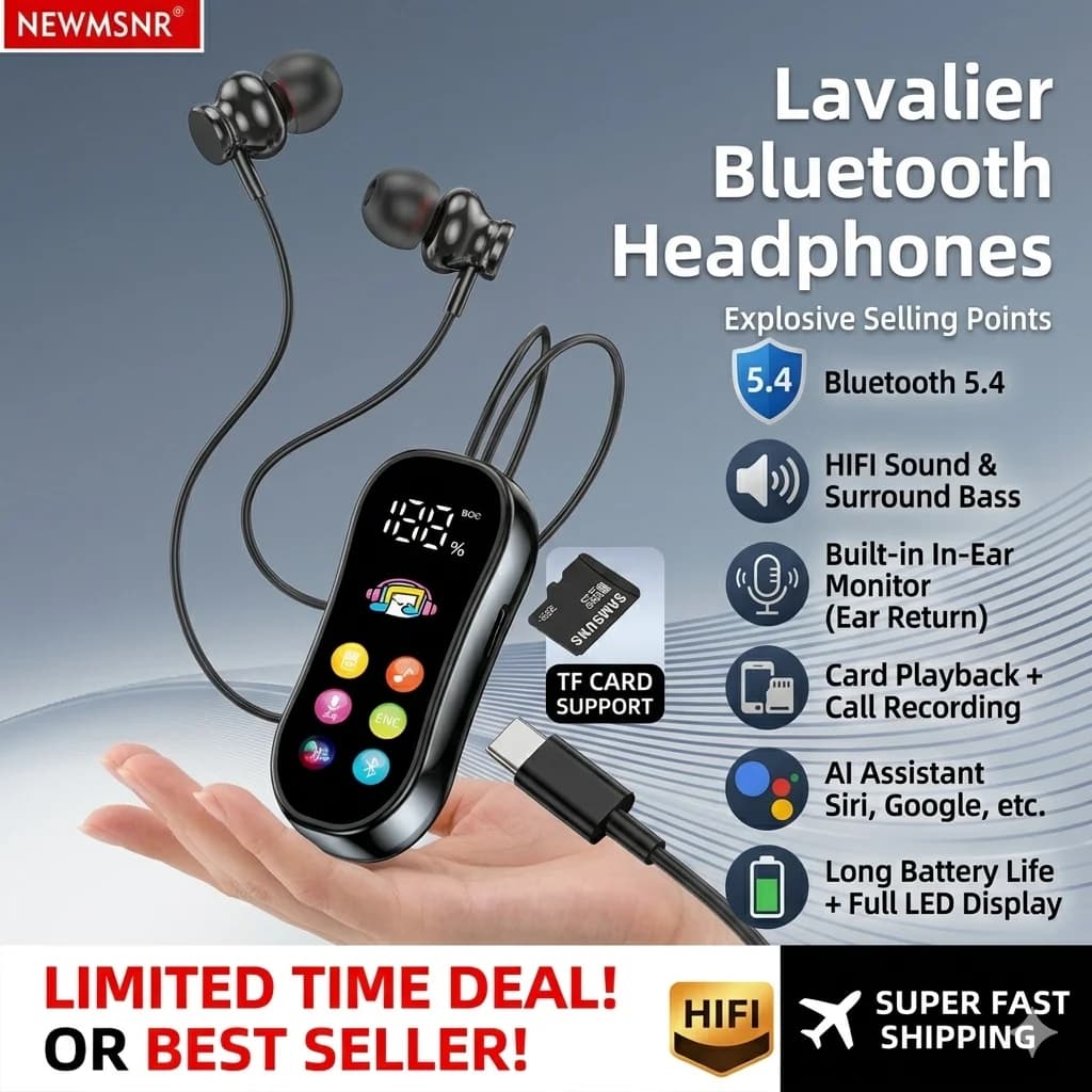 Auricolari Bluetooth 5.4 Lavalier con 30 Ore di Autonomia, Cuffie Wireless con Display LCD della Batteria, Auricolari Sportivi HIFI Stereo con Supporto per Scheda TF